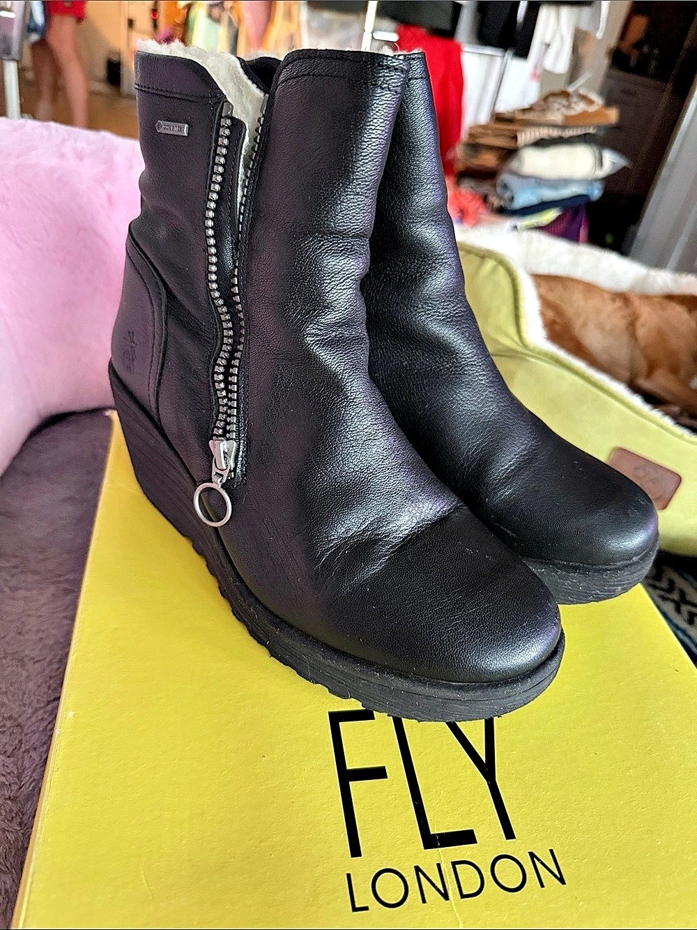 Fly London Mousse Black Gore-Tex Wedge Boots EU 41